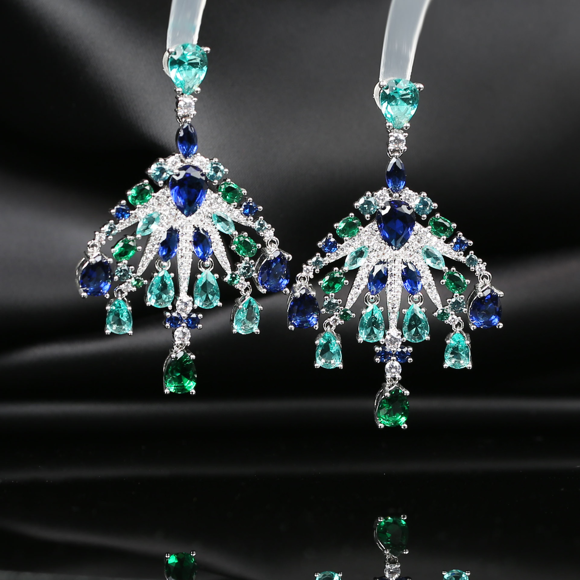 绿钻扇形重工奢华锆石水晶仙女耳坠水晶菱形祖母绿夸张复古绿宝石