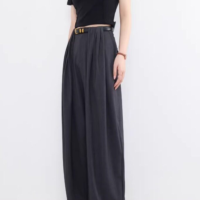 老板潘潘-高腰阔腿裤女黑色长裤松弛感休闲裤极简风8868 裤长102