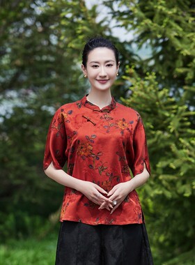 断码-2XL,4XL*新中式*100%桑蚕丝香云纱花罗 喜妈妈 小立领 上衣
