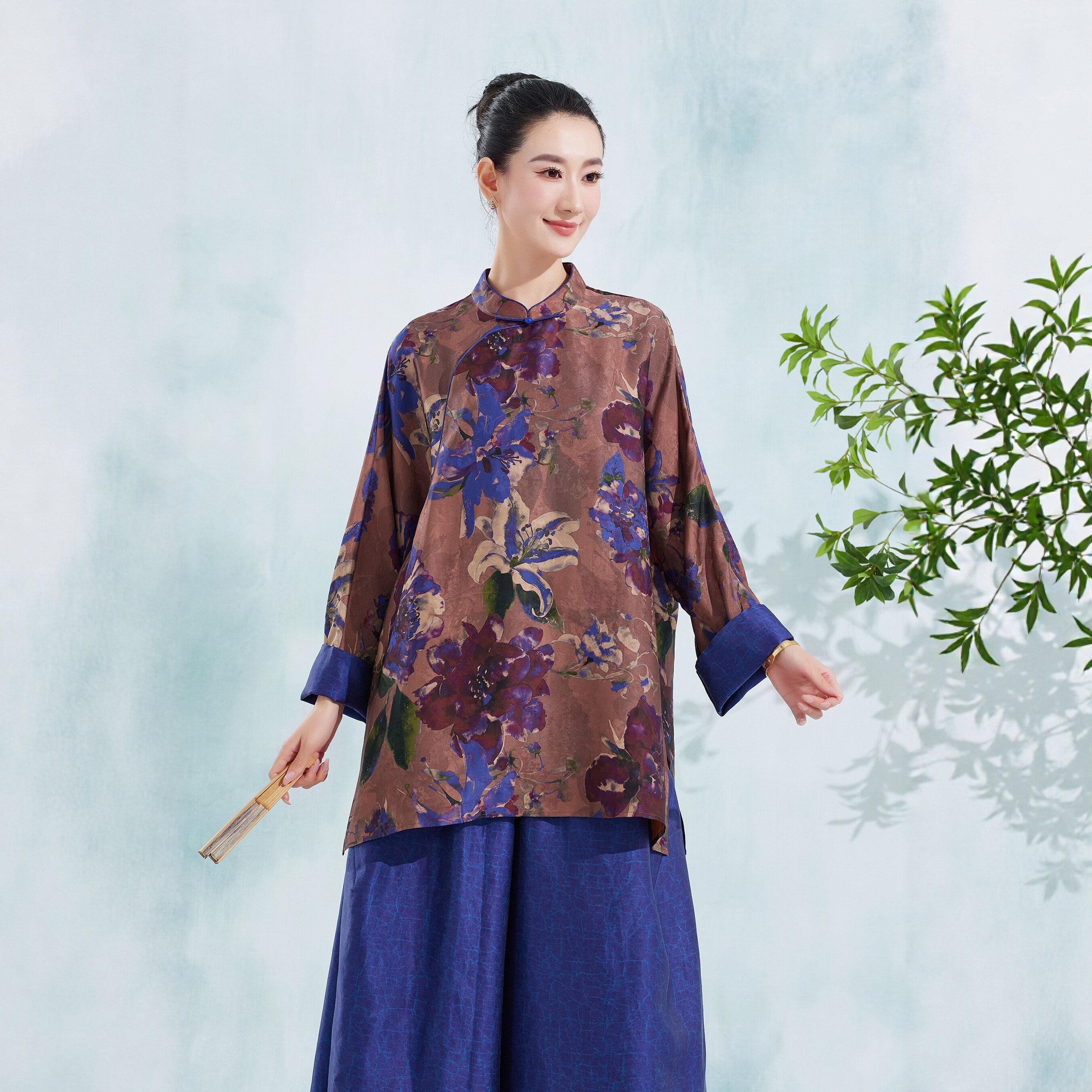 花间叙*100%桑蚕丝香云纱提花缎 蝙蝠袖 小立领 长款 上衣/外套