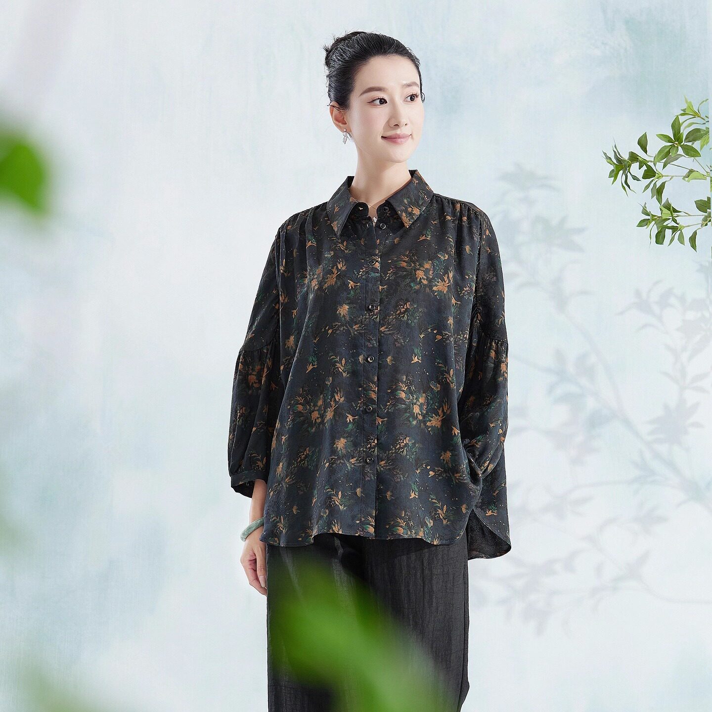 福利*100%桑蚕丝真丝香云纱提花缎 加大版 蝙蝠袖 翻领衬衫上衣
