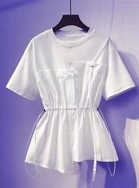 胸116-120显瘦收腰白色上衣48741假两件T恤抽带收腰五加大码