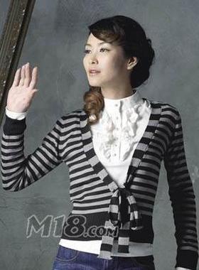 胸适91-100加大码黑间灰色条纹深V绑带48057针织上衣开衫