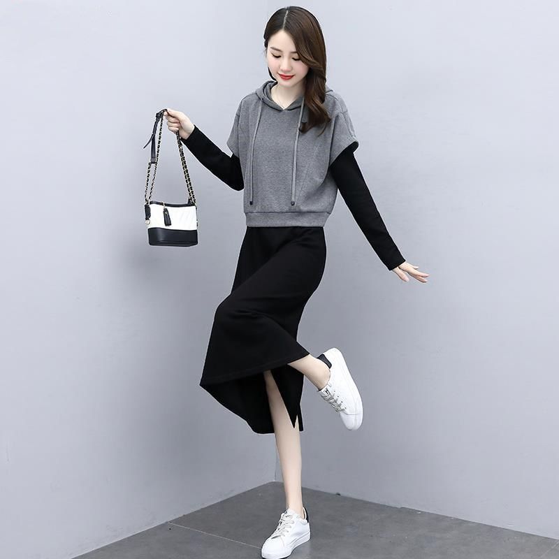 4XL两件套装裙女长袖连衣裙短袖外套7011撞色个性连衣裙胸110-120