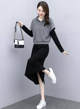 4XL两件套装裙女长袖连衣裙短袖外套7011撞色个性连衣裙胸110-120