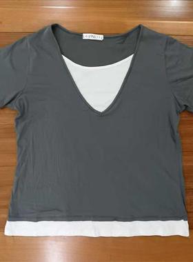 胸100-110灰色黑色可选48743假两件T恤拼色加加大码休闲上衣