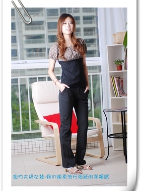 胸95-100加加大码假两件式格仔、显瘦上衣T恤48191大小两色格仔选