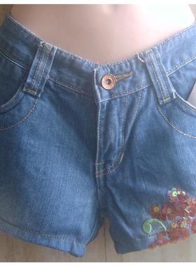 加小码水磨蓝色腰56-60轻微磨白显旧热裤牛仔短裤订珠绣线饰7466