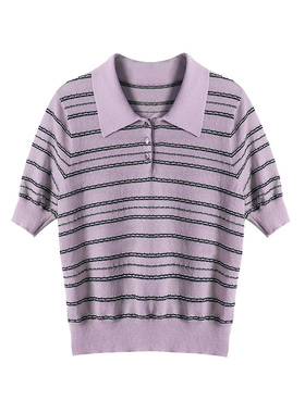 PAMIR春夏新款女POLO领亚麻棉条纹针织衫 PZ413