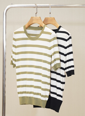 PAMIR女士圆领条纹宽松精纺羊毛短袖针织衫