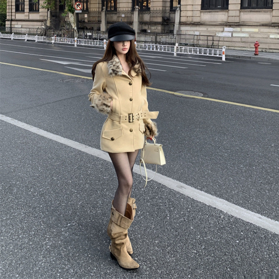 实拍夹棉复古感豹纹毛呢子大衣女秋冬季收腰中长款毛呢外套