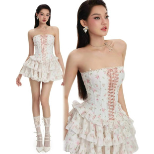 田园温柔甜美碎花鱼骨绑带A字抹胸裙 新款 越南小众L@nec 2025夏季