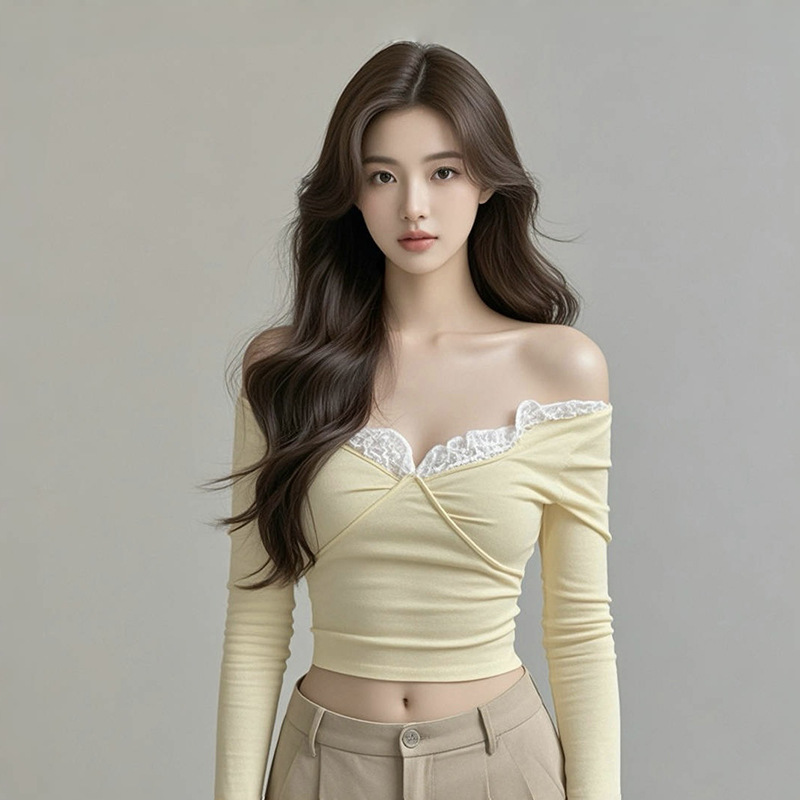 TZ4783纯欲性感蕾丝一字肩秋冬打底衫女小众别致绝美内搭短款上衣