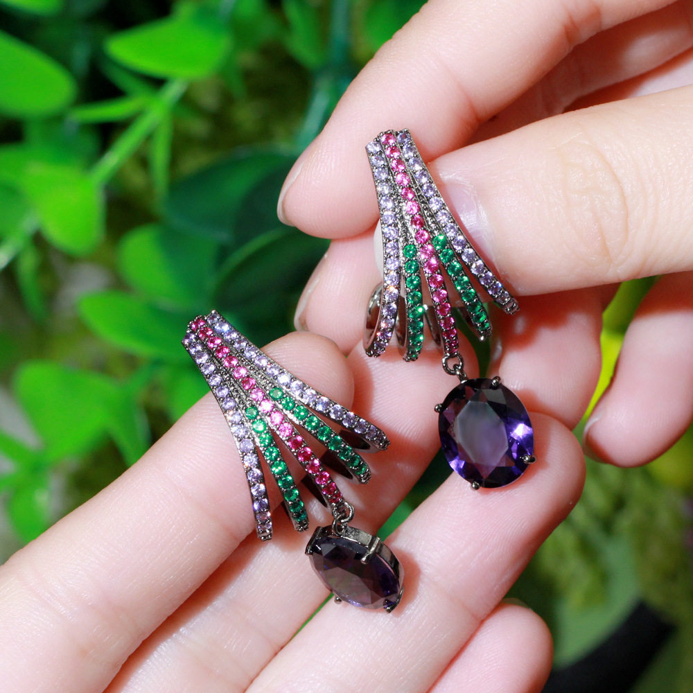 韩国韩版新款流行饰品黄铜镶嵌彩色锆石耳环电镀白金耳饰品