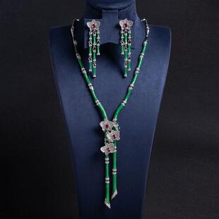 兰芳翠竹项链耳环套装可拆卸兰花胸针奢华高定珠宝首饰宴会配饰女
