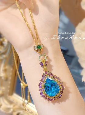 新中式国风紫气东来海蓝宝吊坠轻奢满钻紫钻瑞士蓝托帕石项链女