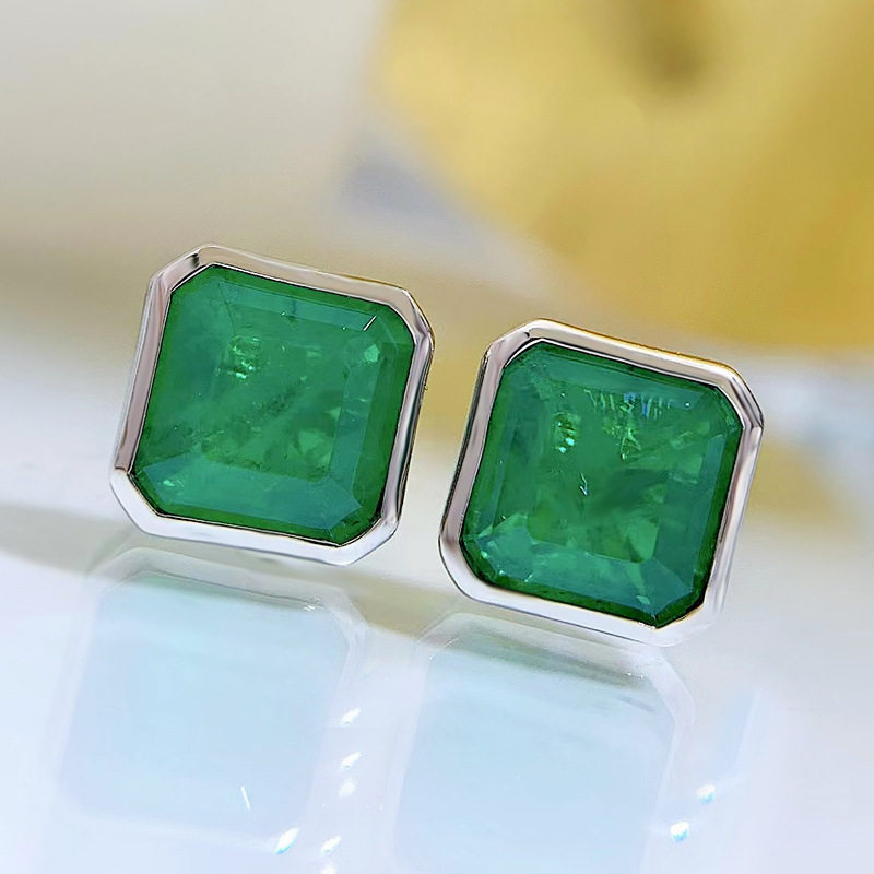 慕景珠宝 2023新款欧美风仿真祖母绿耳钉女3克拉包镶银边耳饰品