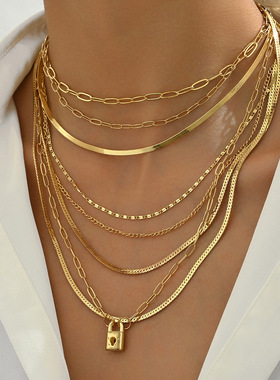 欧美个性简约风多层项链女时尚小众锁头设计长款链条嘻哈锁骨链
