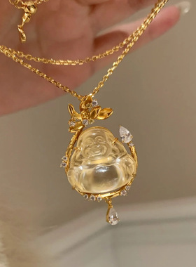 新中式超美仙气莲花金佛公吊坠镶钻仿真手工雕刻水沫玉佛公项链女