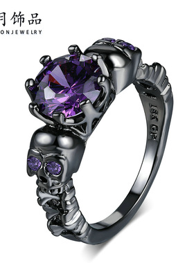 欧美复古黑金骷髅女士戒指紫色锆石朋克风万圣节境爆款首饰跨