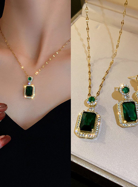 925银针锆石祖母绿水晶几何耳环项链套装复古高级耳钉气质锁骨链