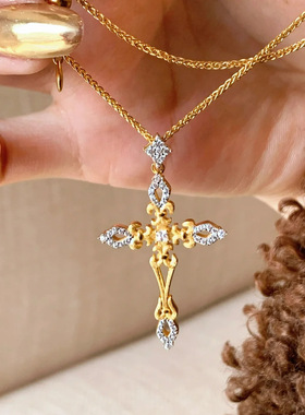 vintage中古风高级感鸢尾花十字架项链法式轻奢优雅镶钻锆石吊坠