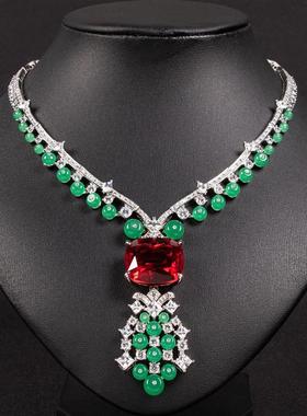 欧美跨境饰品方块锆石项链夏季奢华时尚大气晚宴女士方钻红宝锁骨