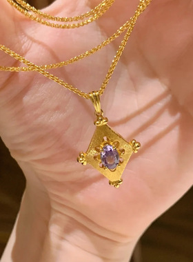 法式复古九紫离火紫钻鸢尾花拉丝吊坠中古轻奢小众时尚镶钻项链女