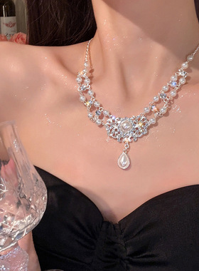 高级感轻奢水滴珍珠项链女甜美公主宫廷风锁骨链宴会礼服镶钻颈链