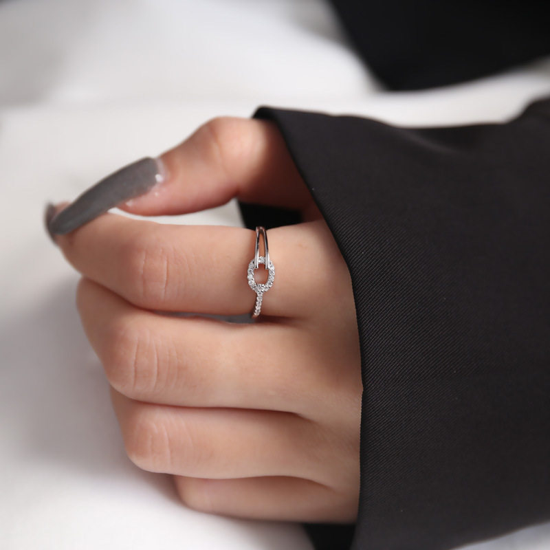 戒指925纯银韩版小众设计ins镶钻水滴交织戒指镂空相扣活口指环女