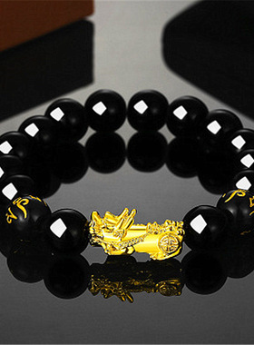 热卖仿黑曜石镀金貔貅手链霸气黑