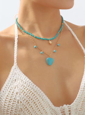 N11189欧美跨境饰品 波西米亚绿松石爱心吊坠项链个性双层锁骨链