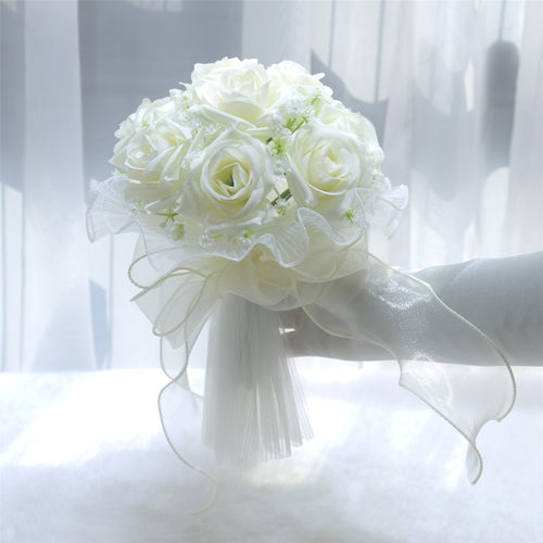 成品新娘手捧花永生花玫瑰仿真花波浪网纱装饰花结婚礼物仿真花