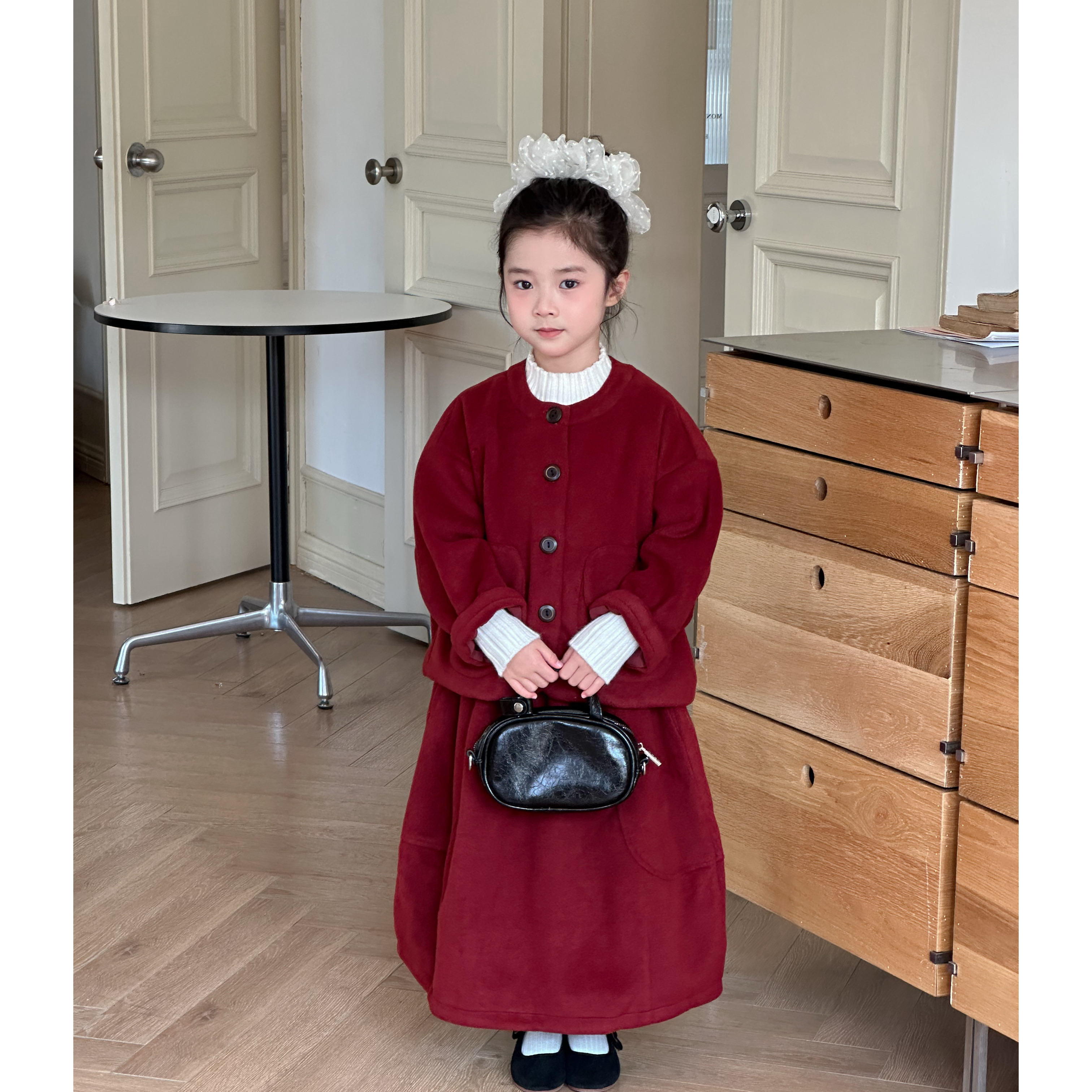 圣诞新年款韩版女童呢子娃娃套装冬季新品宝宝时髦大衣半裙两件套
