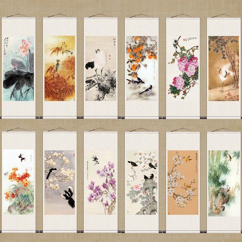 家居装玉兰小鸟荷花仙鹤条幅国画