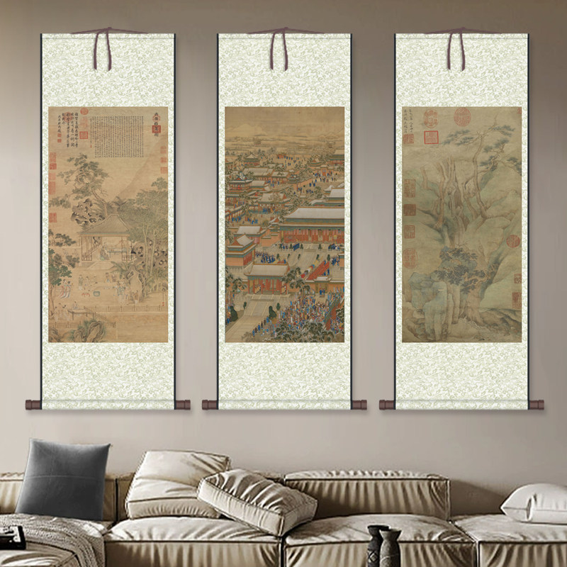 西园雅集山水画仿古名家字画江堤晚景图玄关风水丝绸字画挂画卷轴