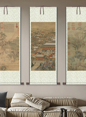 西园雅集山水画仿古名家字画江堤晚景图玄关风水丝绸字画挂画卷轴