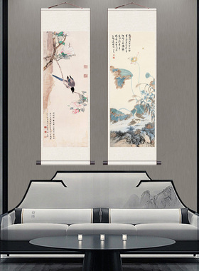 溥儒秋荷落雁桃花双燕丝绸画国画卷轴画框画定制茶楼装饰画自粘画