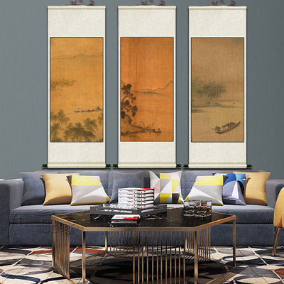 泛舟湖上名家仿古字画山水画吴镇山水人物图丝绸卷轴礼品画禅意画