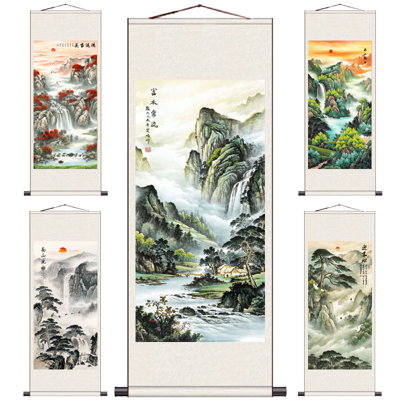 泰山旭日国画玄关招财山水画客厅装饰宣纸字画定制聚宝盆挂画卷轴