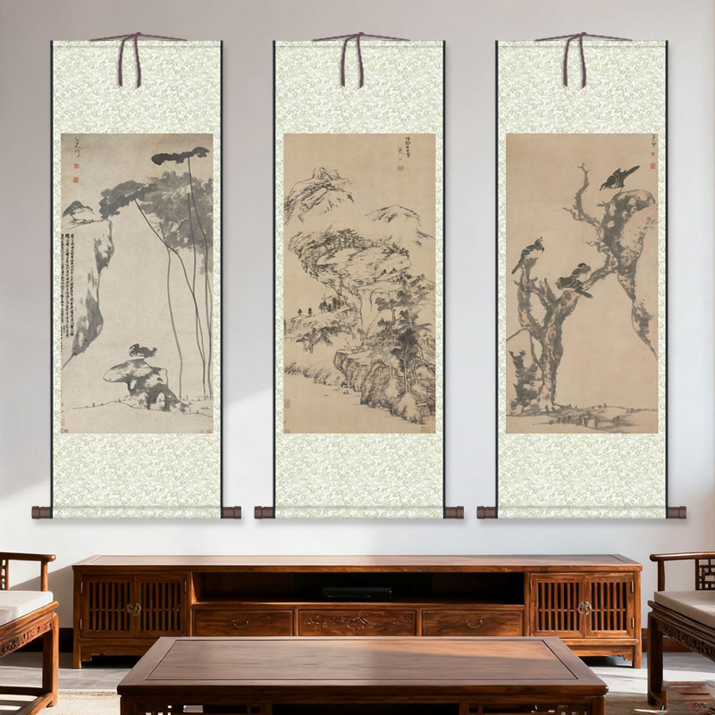 八大山人荷花翠鸟图素雅装饰画挂画壁画酒店装饰画丝绸挂画玄关画
