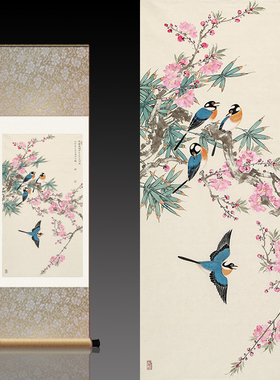 名家国画卷轴画丝绸字画书房客厅装饰招财花鸟画早春竟艳桃花四喜