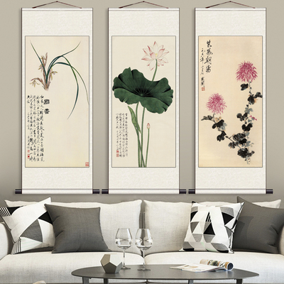 于非花鸟画禅意风水画酒店装饰画茶楼挂画荷花字画兰花卷轴菊花