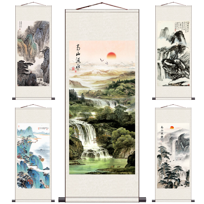 山水画聚宝盆丝绸卷轴国画高山流水字画客户礼品玄关招财风水中堂