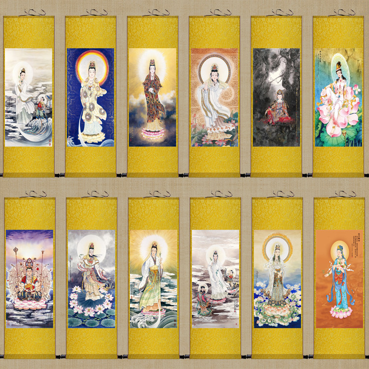 挂画装饰画观音挂画佛手莲花观音字画卷轴画丝绸