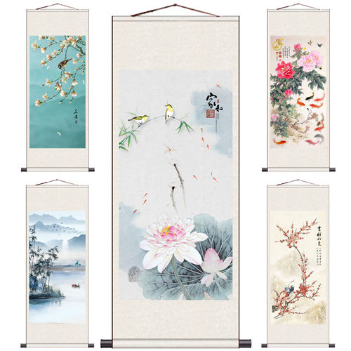 禅意花鸟山水画竖版风景字画茶楼挂画家居装饰画健身房挂画风水画
