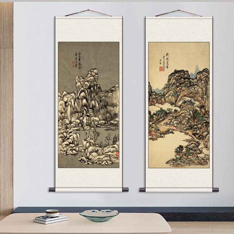 仿古山水画高清字画喷绘清 王原祁 山水画条幅风水画招财玄关挂画