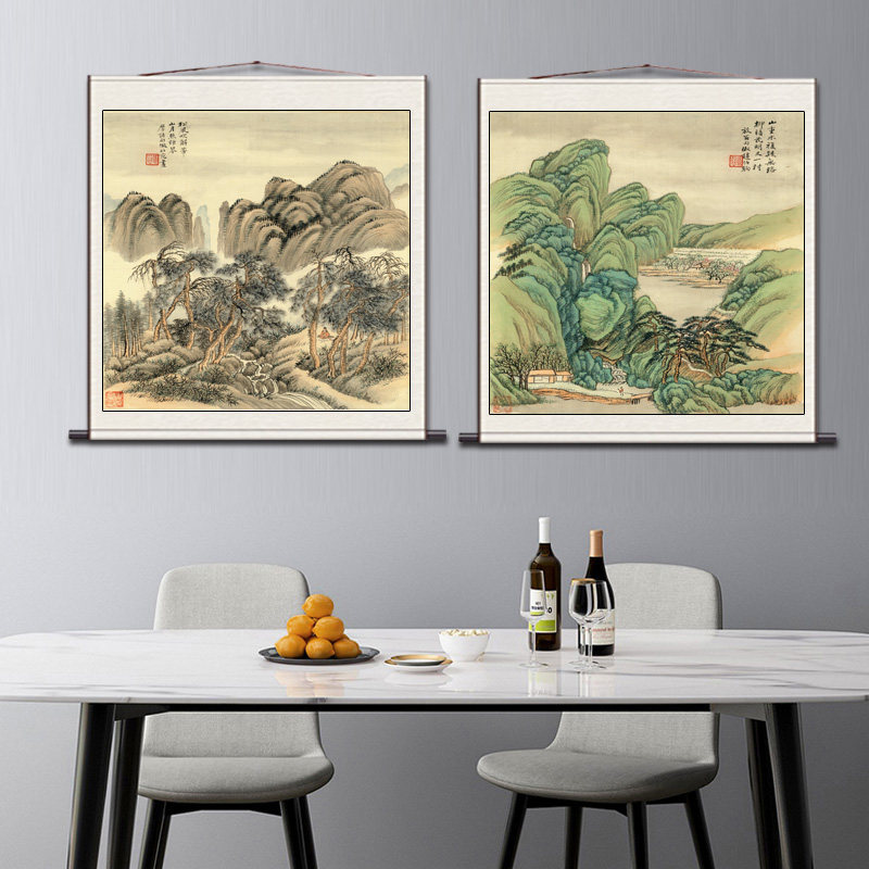 仿古名家斗方山水画冯超然临耕烟散书房壁画卷轴丝绸画国画风水画