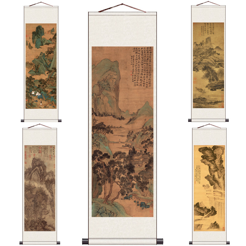 仇英仙山楼阁条幅山水画国画丝绸卷轴华岩梅竹春音名家字画仿古画