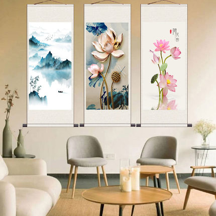 丝绸挂画玄关卷轴画国画江山如画花鸟山水字画壁画百鸟朝凤招财画